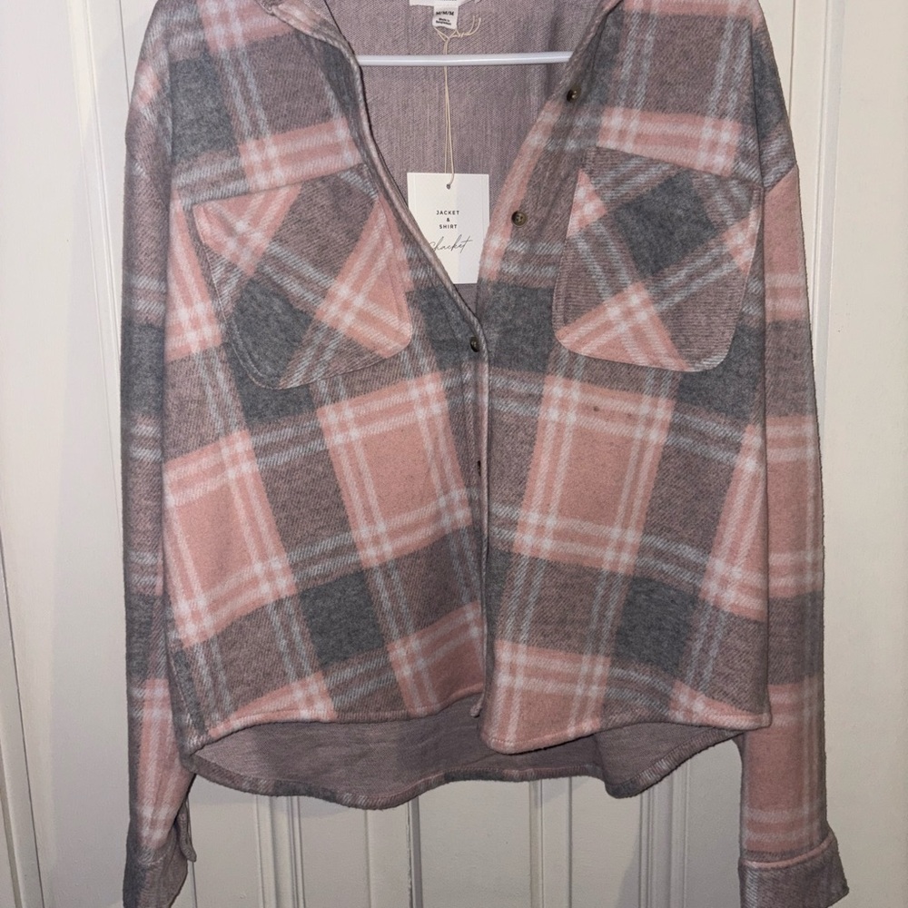 Plaid Button-Up Shirt in Pink and Gray